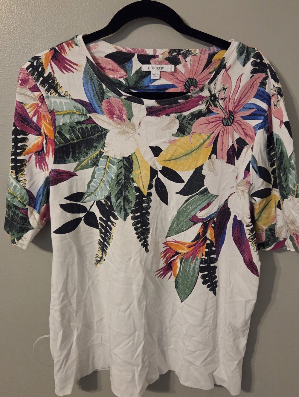 Chicos Women's 100% Cotton White Tropical Leaf Floral Print Tee Shirt Sz XL